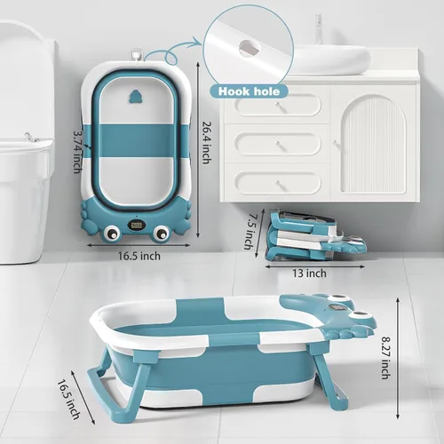 Vista 2 de Bañera plegable para bebés recién nacidos con termómetro y almohadilla flotante suave Bañera portátil y plegable para viajes para bebés de 0 a 36