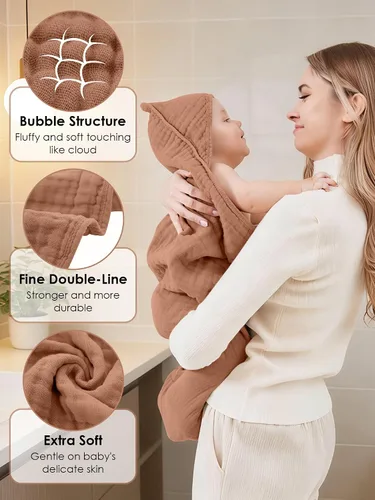 Vista 7 de Toallas de baño de muselina con capucha para bebé, paquete de 3 toallas 100% algodón ultrasuaves para recién nacidos, bebés, niños pequeños, 32 x 32