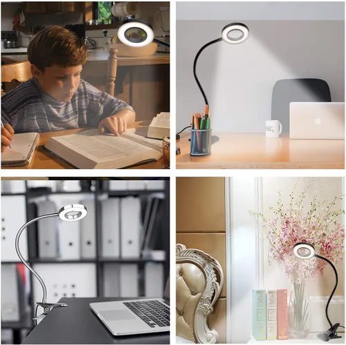 Vista 6 de Luces de lectura con clip de 48 LED, lámpara de escritorio con 3 modos de color y 10 brillo regulable, 360° flexible de cuello de cisne