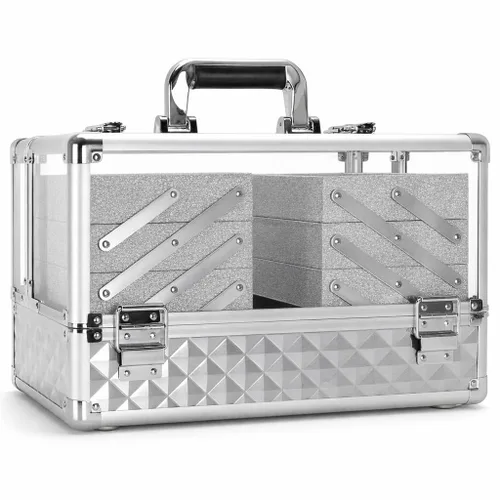 Vista 10 de Ver Beauty Estuche de tren de maquillaje de diamante negro con 6 bandejas de acordeón, organizador de cosméticos con cerradura