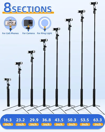 Vista 3 de TVACHE Soporte para teléfono y trípode para selfie de 67 pulgadas extensible todo en uno trípode portátil de aluminio para teléfono celular
