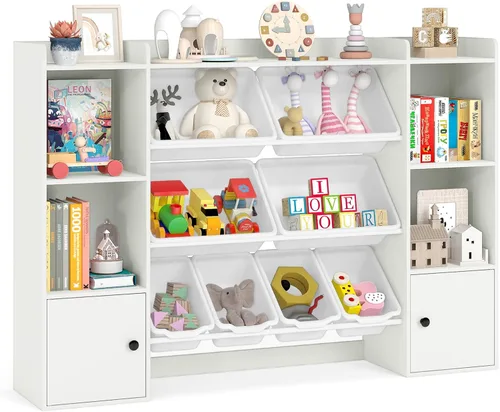 Vista 10 de HONEY JOY Organizador de almacenamiento de juguetes para niños, armario de madera de 56.5 pulgadas de largo con 8 contenedores extraíbles, estantes