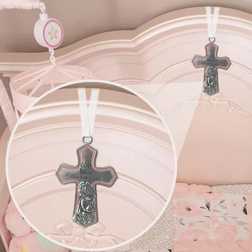 Vista 7 de Decoración de cruz de cuna rosa para bebé niña con cinta