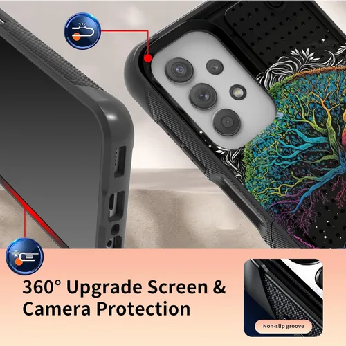 Vista 4 de Funda para Samsung Galaxy A13/A04/A04S/A23/A32 5G con protector de pantalla, parte trasera texturizada de policarbonato duro, diseño de árbol