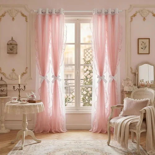Vista 45 de PONY DANCE Cortinas con Volantes de Doble Capa con Superposición Transparente, Decoración Elegante para Ventanas de Diseño Rústico Francés de Campo