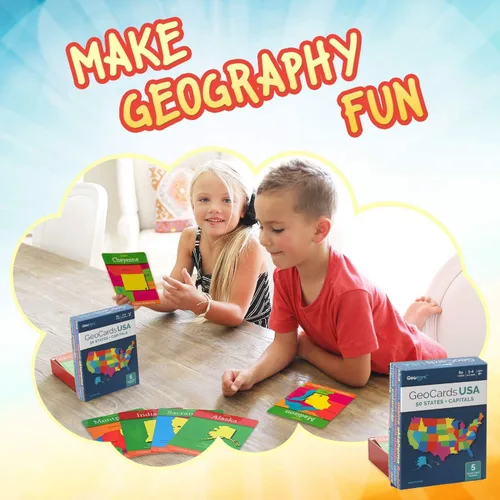 Vista 2 de Geotoys GeoCards, USA Flash Cards Juego de geografía, juegos de cartas para niños, para familias, hogar, escuela y viajes, tarjetas flash de Estados