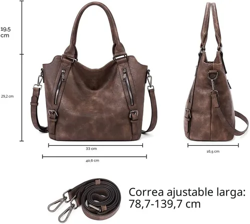 Vista 4 de CLUCI - Bolsos de cuero vegano para mujer, bolso grande y de hombro tipo hobo 00-café oscuro