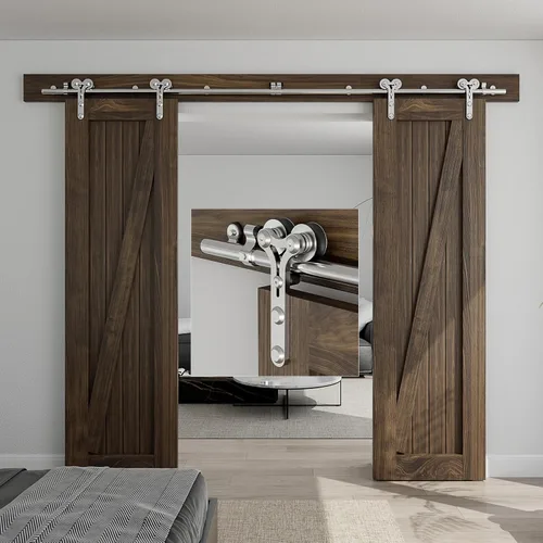 Vista 2 de CCJH Kit de herrajes para puertas correderas de acero inoxidable de 5.5 pies, kit de puerta de granero de madera resistente y suave, apto