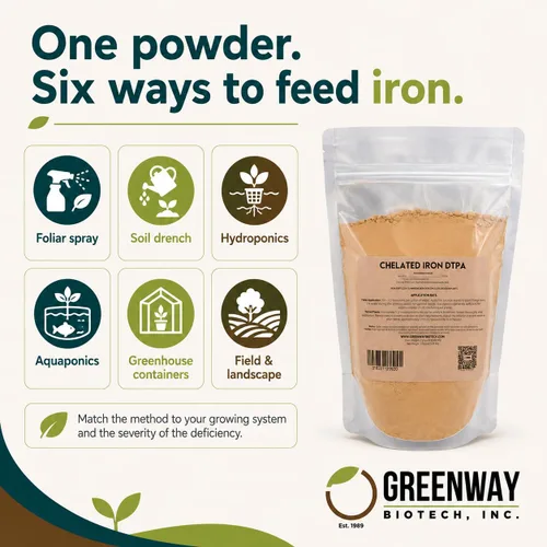 Vista 5 de Greenway Biotech, Inc. Hierro quelado DTPA 11% – para suelos alcalinos (pH 4.0-7.5) – Fertilizante 100% soluble en agua para cítricos, césped e