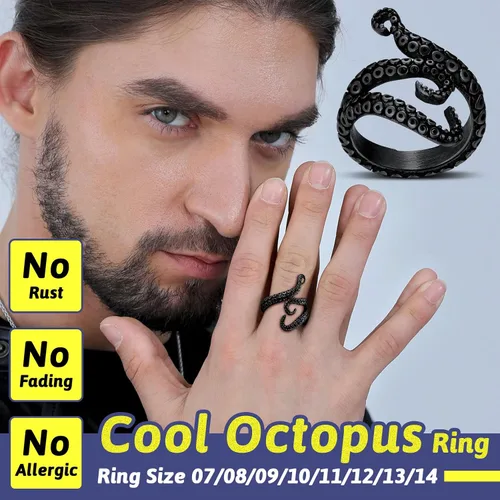 Vista 2 de FaithHeart Anillo de tentáculo de pulpo, unisex, de pez diablo, anillos punk, para hombres y mujeres, acero inoxidable, chapado en oro de 18