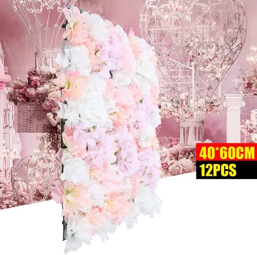 Vista 9 de 12 paneles de pared de flores artificiales de 24 x 16 pulgadas, paneles decorativos de flores de rosas de seda 3D, fondo de pared de flores