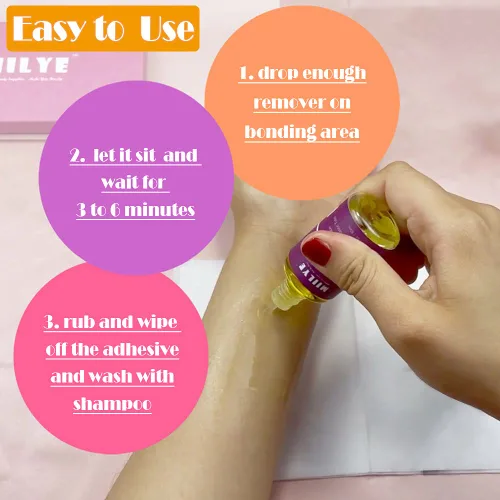 Vista 8 de MIILYE Removedor de pegamento para peluca, 2 botellas, removedor de extensiones de cabello con cinta Solvente para residuos adhesivos, peluca