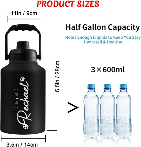 Vista 5 de Botella de agua de 64 onzas grabadas personalizadas con asa, botella de agua personalizada con nombre, botella de agua de acero inoxidable, boca