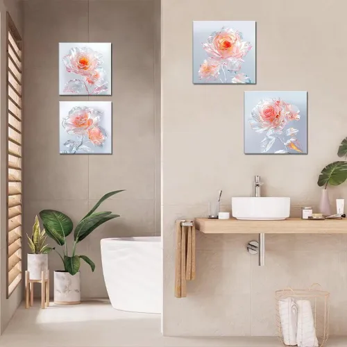 Vista 41 de Wall HDQ Arte de pared de flores para baño, dormitorio, sala de estar, decoración de pared azul y naranja, pintura floral, lienzo impreso, imagen