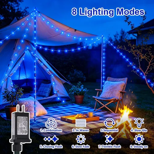 Vista 3 de Guirnalda de 1000 luces LED azules, luces de Navidad de 328 pies para exteriores, impermeables, con enchufe, alambre transparente, luces de árbol