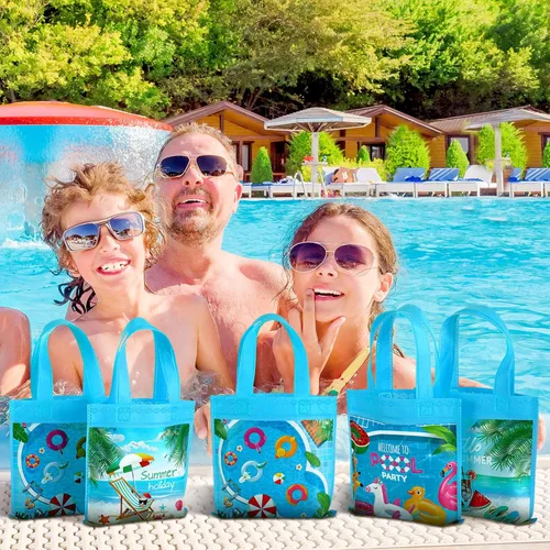 Vista 3 de Sweetude 36 bolsas de recuerdo de fiesta en la piscina, 4 diseños de bolsas de regalo de verano con asas, regalo de playa no tejidas para piscina