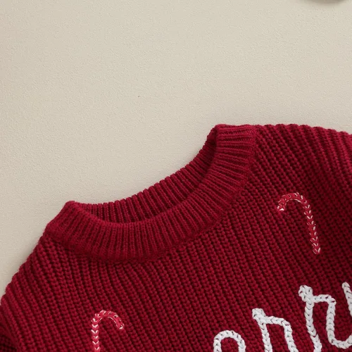 Vista 4 de Suéter de punto grueso para bebé niña, con letras bordadas, cuello redondo, manga larga, suéter para otoño e invierno