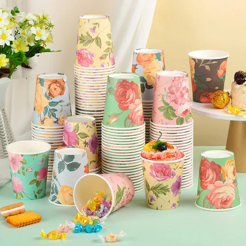 Vista 8 de Patelai Paquete de 150 vasos de papel de Navidad de 9 onzas, tazas de café desechables de arcoíris pastel con diseño de Papá Noel, muñeco de nieve
