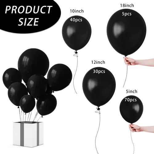 Vista 2 de Globo negro, 145 globos de látex negro de alta calidad, kit de arco de diferentes tamaños de 18, 12, 10, 5 pulgadas, kit de arco de guirnalda