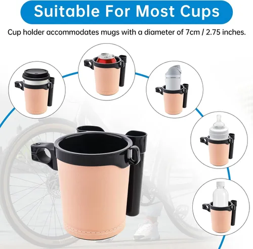Vista 4 de Portavasos para bicicleta 3 en 1 con gancho para llaves de teléfono celular, soporte universal para botella de agua para caminante/silla de Beige
