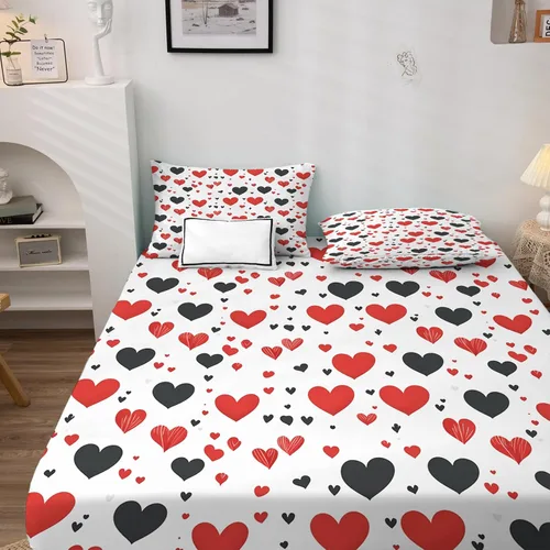 Vista 3 de Juego de sábanas de tamaño individual con diseño de corazón, sábanas de microfibra suave y bolsillo profundo, sábanas y fundas de almohada