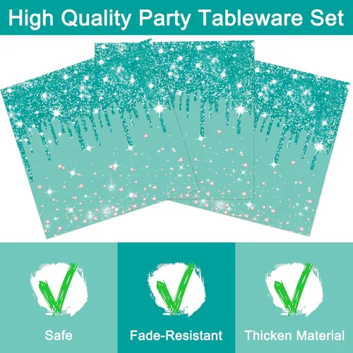Vista 4 de 96 piezas de platos, servilletas y tenedores para fiesta de cumpleaños azul, verde, plateado, juego de vajilla desechable de papel con temática