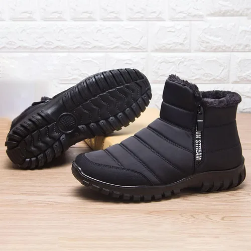 Vista 7 de Botas de nieve de cuero cálido para hombre, antideslizantes, impermeables, suaves, de felpa, cálidas, para senderismo, exteriores, campamento
