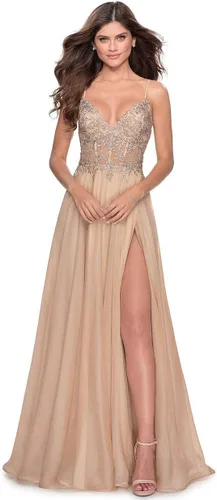 Vista 3 de Miao Duo Vestidos de fiesta de gasa con apliques de encaje para mujer, largos con abertura, tirantes delgados, cuello en V, vestidos de fiesta