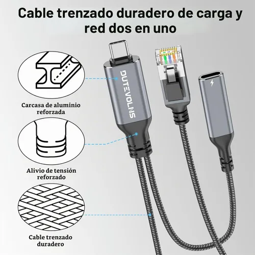 Vista 6 de Cable USB C a Ethernet y 60 W de carga de 6.6 pies, USBC PD y Gigabit LAN 2