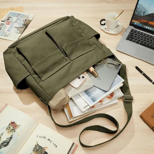 Vista 7 de KALIDI - Bolsa de lona con bolsillos, bolso bandolera grande para mujeres, hombres, universidad, trabajo, viajes, casual