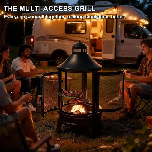 Vista 2 de ALAULM Chiminea de metal con parrilla, hoguera 2 en 1 con bandeja de parrilla ajustable y puerta mosquitera de malla, chimenea de acceso múltiple
