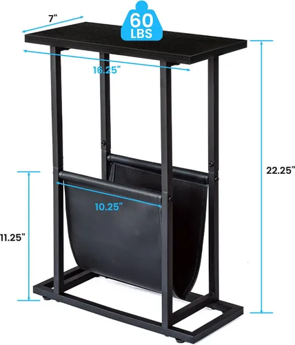 Vista 3 de FLYJOE Mesa auxiliar estrecha con revistero de piel sintética, estilo rústico, delgado, para sala de estar, dormitorio, sofá, color negro