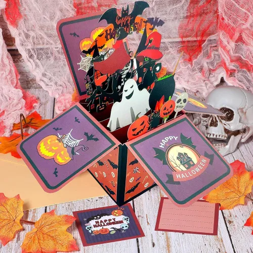 Vista 6 de Tarjeta de caja desplegable de Halloween, 3D de casa encantada, fantasma, calabaza, tarjetas para fiesta de Halloween con sobres, etiqueta de notas