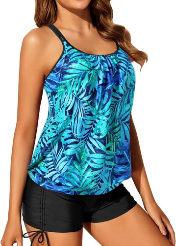 Vista 5 de Yonique Traje de baño tankini de dos piezas con tirantes delgados para mujer con pantalones cortos cruzados
