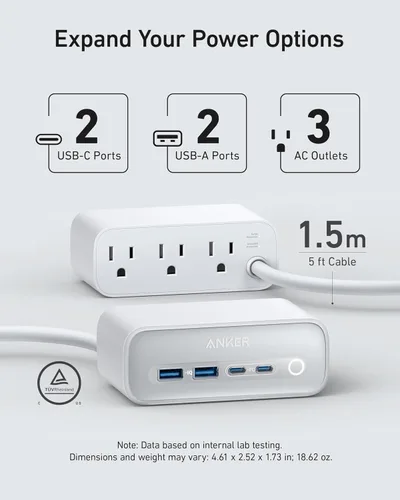 Vista 2 de Anker Estación de carga 525, tira de alimentación USB C de 7 en 1 para iPhone 13/14, cable de extensión de 5 pies con 3 AC, 2 USB A, 2 USB C