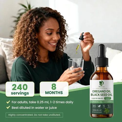 Vista 8 de Aceite de orégano con aceite de semilla negra, gotas de aceite de orégano 4 en 1 con aceite de cúrcuma y vitamina E, 80% Carvacrol, inmune