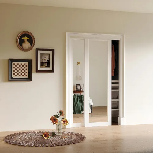 Vista 2 de Puertas correderas de espejo de 48 x 80 pulgadas para dormitorios, puerta interior de espejo a prueba de roturas mejorada con kit de herrajes