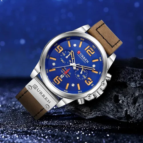 Vista 3 de Reloj de acero inoxidable con correa de cuero, estilo clásico, casual, resistente al agua, cronógrafo, fecha, y cuarzo analógico