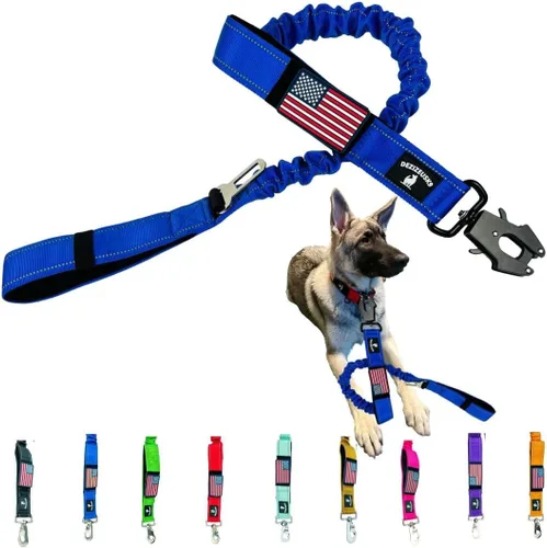 Vista 8 de Correa elástica resistente para perro, absorción de golpes, clip para cinturón de seguridad, cierre de rana de liberación rápida, asas dobles