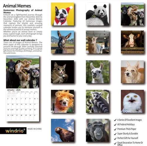 Vista 2 de Calendario de pared 2026, Calendario divertido 2026, noviembre de 2025 - diciembre de 2026, calendario de pared con memes divertidos de animales, 12