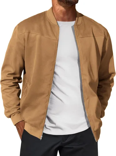 Vista 11 de Runcati Chaqueta bomber de gamuza para hombre, con cremallera completa, casual, softshell, chaqueta universitaria, ligera, vintage, abrigo de otoño