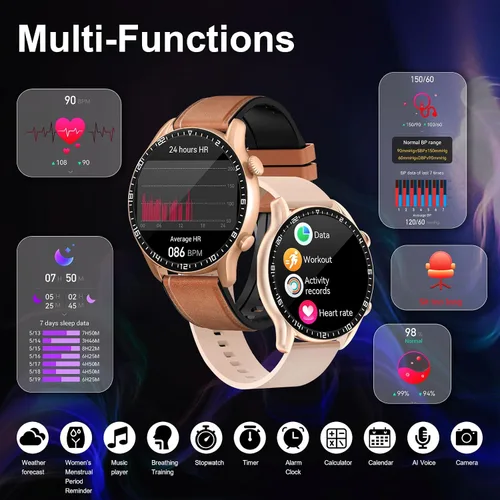 Vista 3 de LogHog Relojes inteligentes para mujeres y hombres, Android, iPhone, redondo, 1.43HD, pantalla AMOLED, Bluetooth, moderno, actividad, calorías