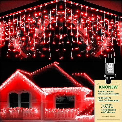 Vista 21 de Guirnalda de 400 luces LED con 75 gotas, de 33 pies, 8 modos de funcionamiento, de alambre transparente para decoración al aire libre, 400 modos