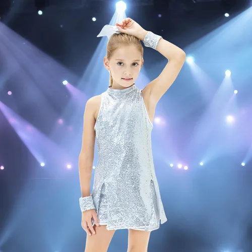 Vista 6 de Girls Sequins Dance Dress, Jazz Dance Costumes Hip Hop Outfits Sleeveless Modern Dance Costume Top and Shorts