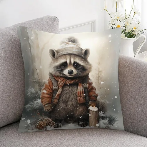 Vista 7 de Almohadas grandes para sofá de 16 x 16 pulgadas, diseño de mapache de dibujos animados, Navidad, nieve, invierno, cuadradas, de satén, funda