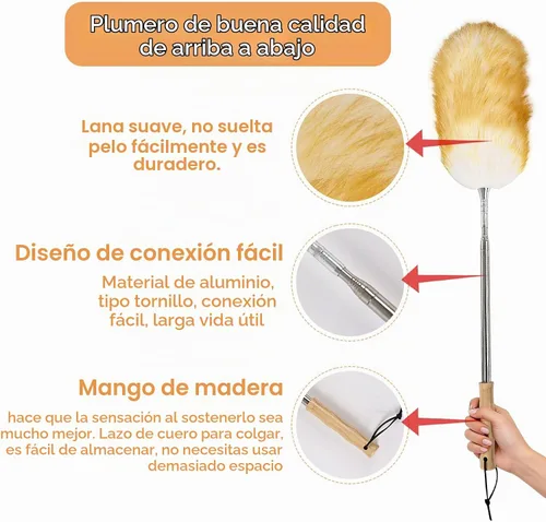 Vista 4 de Plumero extensible de lana de cordero de 31 a 88 pulgadas, plumero de lana antiestático para limpieza con poste de acero inoxidable, ideal