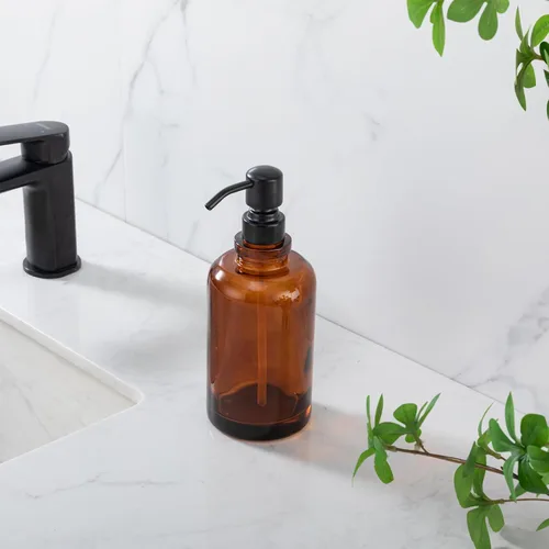 Vista 2 de Amber Glass Soap Dispenser,17oz, Black Pump Refillable, 304 Stainless Steel Pump, Liquid Hand Soap Dispenser, Bathroom Kitchen Sink Vanity