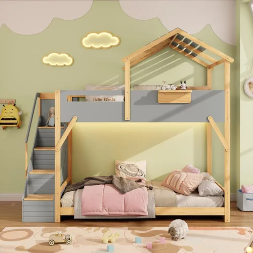 Vista 17 de Cama tipo loft de tamaño matrimonial con escalera de almacenamiento y escritorio, marco de cama tipo loft de madera maciza con ventanas, estantes