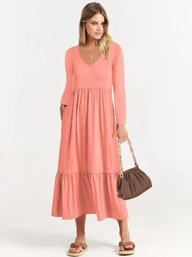 Vista 4 de Paintcolors Vestido largo casual de manga larga con cuello en V para mujer, vestido escalonado, color sólido, holgado, con vuelo, vestido midi