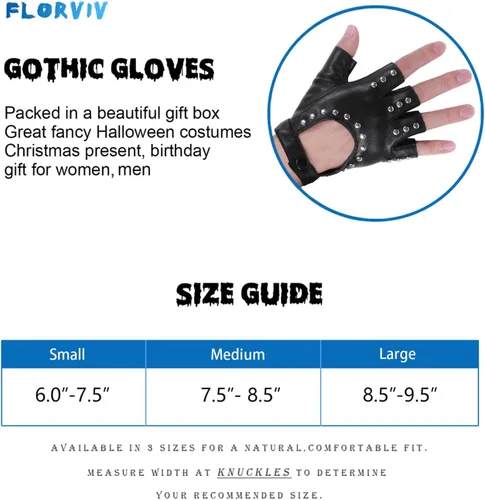 Vista 6 de FLORVIV Guantes negros sin dedos de piel sintética gótica gótica cosplay disfraz punk Halloween actuación para mujeres